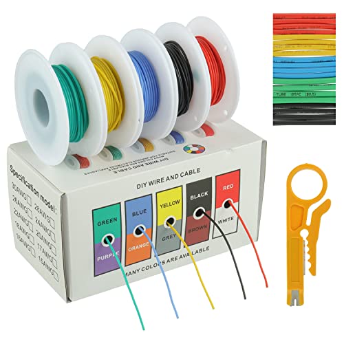 BOJACK 28 AWG Flexible Silicone Wire Electric Wire Hook up Wire Kit 300V Cables with Plus 20 φ2mm Heat Shrink Tubings and a Mini Wire Stripper(5 Colors 32.81Ft Each Color, 28AWG) - size: 28 AWG Silikondraht