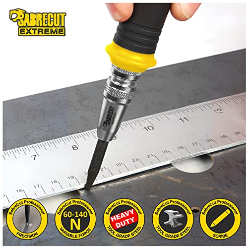 SabreCut 1pc AHPSC01 Automatic Variable Force Centre Punch & Scribe | Adjustable 60-140N spring force and hardened S2 tip mark metal, wood and plastic with heavy duty accuracy