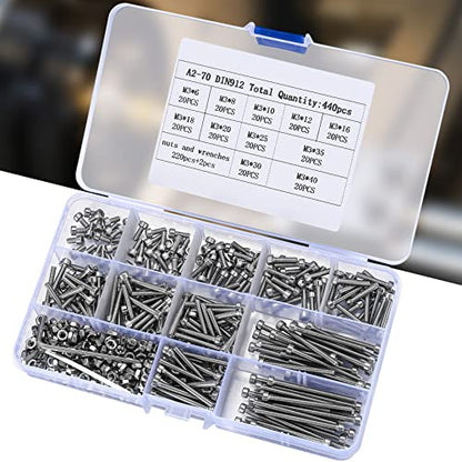 440 Pcs M3 Small Metric Screws with Nuts, Hex Socket Head Cap and Nut Assortment Kits, Stainless Steel Replacement Machine Fastener Screws and Bolts Nuts (440Silver) - color: 440Silver