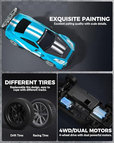 Drift RC Car, 1:20 Scale 2.4GHz 4WD 20KM/H Remote Control Cars | drifting tires & racing tires, 2 batteries, LED lights, proportional throttle control - color: Blue