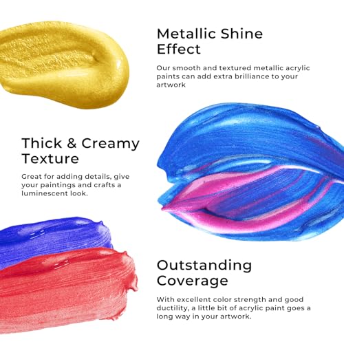 Artme Metallic Acrylic Paint Set, 24 Metallic Colors in 2 oz/60ml Bottles, Metallic Shining Acrylic Paint, Rich Pigments Paint Perfect for Artists, Beginners on Canvas, Rocks, Wood, Fabric, Ceramic