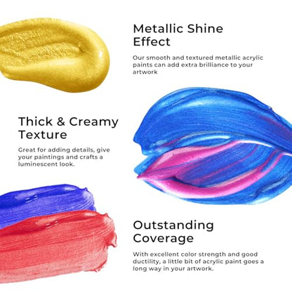 Artme Metallic Acrylic Paint Set, 24 Metallic Colors in 2 oz/60ml Bottles, Metallic Shining Acrylic Paint, Rich Pigments Paint Perfect for Artists, Beginners on Canvas, Rocks, Wood, Fabric, Ceramic