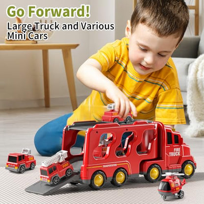 JUKUDAHU Fire Truck Toys for Kids Ages 3-5 - Carrier Vehicle Toy Set | Car Toys for Boys Ages 3+, Fire Toys, Kids Toys Truck Set for Ages 3-9, Birthday Gifts for Boys Girls - style: 5 IN 1 Fire Truck