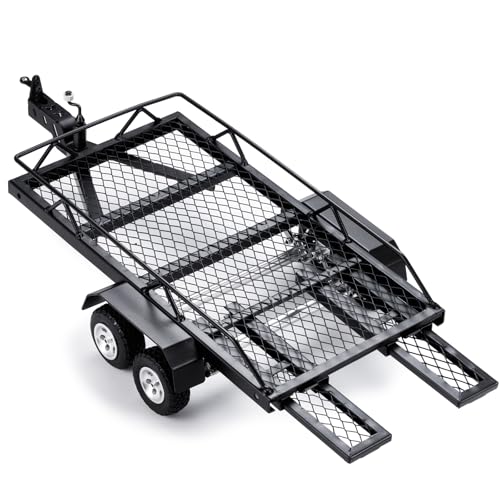 RC Trailer for Hauling Behind Car with Hook for 1/24 SCX24 FCX24 | Metal Flatbed Hitch Mount Trailer RC Crawler Car Heavy Duty Truck Trailer Upgrades
