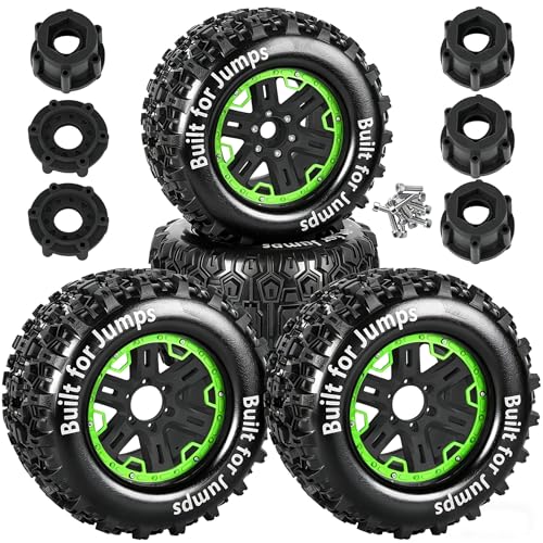 RC Wheels and Tires Set(4PCS) for 1/8 1/10 Monster Truck Tires,Traxx as/Arrm a 6S/Summi t/E Rveo/T-Maxx RC Off-Road etc,17mm Hex Tire and Wheels/Plastic Rims,Green and Black - color: Green and Black- (Wheels Tires)