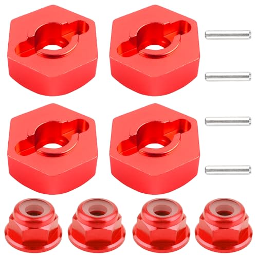12mm Wheel Hex Hubs Drive Adapter 5mm Thick & Flange M4 Lock Nuts Aluminum for Redcat Axial HSP WLtoys Himoto RC Truck Model Cars Hobby Upgrade Parts(Crimson) - color: Crimson