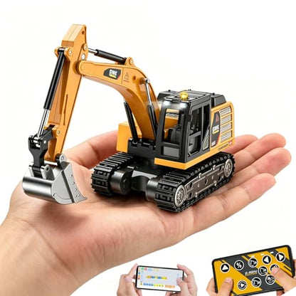 mini RC Excavator Toy 1:64 Remote Control Alloy Construction Vehicle | Die-cast metal forklift model with remote/APP control,STEM building kit, abuot 1 hour playtime,gift for kids and adults - style: mini Excavator