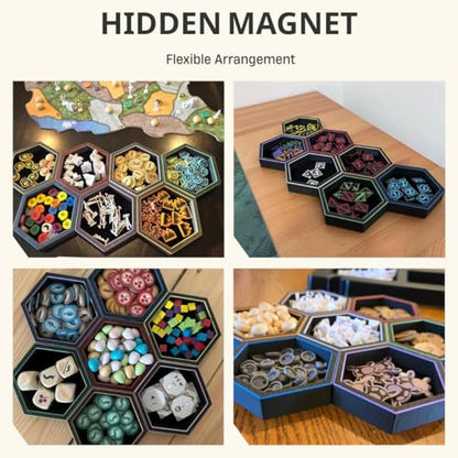 Magnetic Hex Board Game Trays, Modular Stackable Token Dice Trays (7-Pack) | Built-in Magnets, Flexible Combination, Stackable For Storage, Token & Dice Organizer, 7 Colors, Modular Design