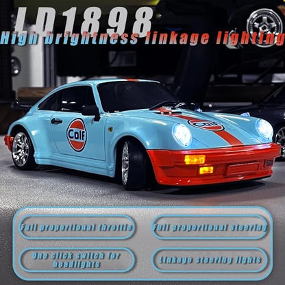FLYCOLOR LD1898 1/18 RC Drift Car GTR R34 2.4GHz RWD with Gyroscope on-Road Alloy Body Shell Racing Cars Radio Control (Blue-Orange) - color: Blue-orange