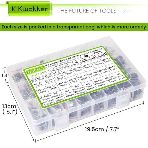 1160Pcs M3 M4 M5 M6 Nuts and Bolts Assortment Kit 20 Size 8MM to 25MM Upgraded Zinc Plated Hex Button Head Cap Metric Machine Screws, 12.9 Alloy Steel Bolts and Nuts Kit with Lock Washers - size: E. M3 M4 M5 M6