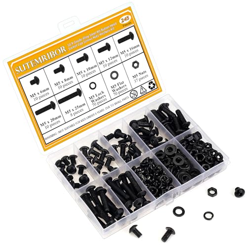 245 Pieces M5 Screws Nuts Washers Set Black, Sutemribor M5 x 6/8/10/12/16/20/25mm Button Head Socket Cap Screws Nuts Washers Assortment Kit, 10.9 Grade Alloy Steel, Fully Threaded - size: M5, style: Button Head Socket Cap