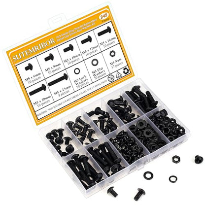 245 Pieces M5 Screws Nuts Washers Set Black, Sutemribor M5 x 6/8/10/12/16/20/25mm Button Head Socket Cap Screws Nuts Washers Assortment Kit, 10.9 Grade Alloy Steel, Fully Threaded - size: M5, style: Button Head Socket Cap