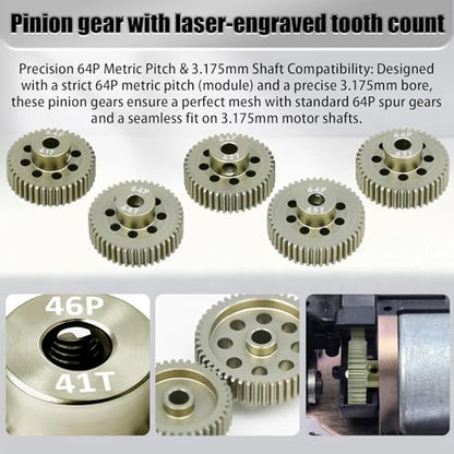 5Pcs 64P Aluminum Alloy Pinion Gear Set 3.175mm 41T 42T 43T 44T 45T Motor Pinion Gear W/ M4 Screw and Hex Key, Fit 3.175mm (1/8-Inch) Shaft, for Arrma HPI Kyosho Losi Axial Traxxas Tamiya 1/10 RC Car - size: 64P-3.175mm-41-45T