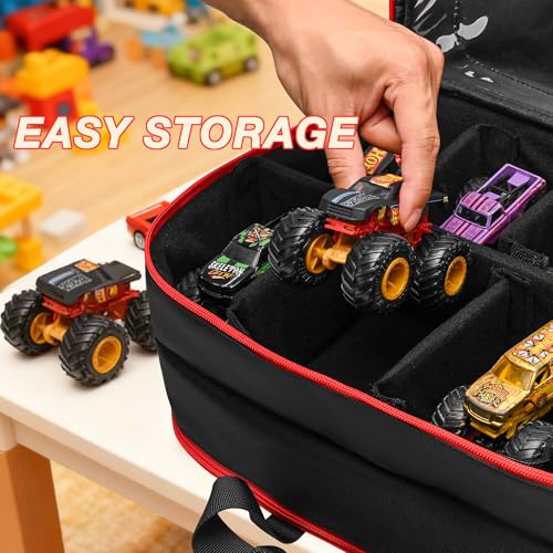 CROTIRAD 1:64 Scale Monster Truck Storage Case, Holds 20+ Die-Cast Vehicles | Carrying Organizer with Removable Dividers, Velvet Lining, Clear PVC Panels, Front Pocket, Shoulder Strap and D-Ring, Black