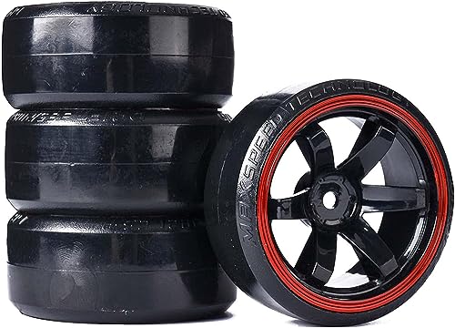 4Pcs 63mm RC Drift Car Tires Hard Tyres Plastic Wheel Rims for 1/10 On-Road Drifting Car for HSP Tamiya HPI Kyosho Spare Parts(Black/Red) - color: Black/Red