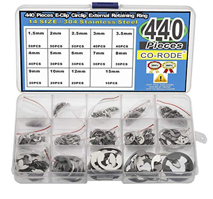 CO-RODE 440pcs Stainless Steel E Clips Circlip Ring External Retaining Ring Assortment Kit