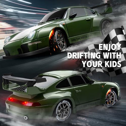 Drift RC Car Kit - 1/24 4WD 2.4GHz Remote Control Green Sports Car | with Widebody Design for Kids Beginner Drift Enthusiasts, LED Lights, Extra Racing Tires, 2 Rechargeable Batteries - color: Green