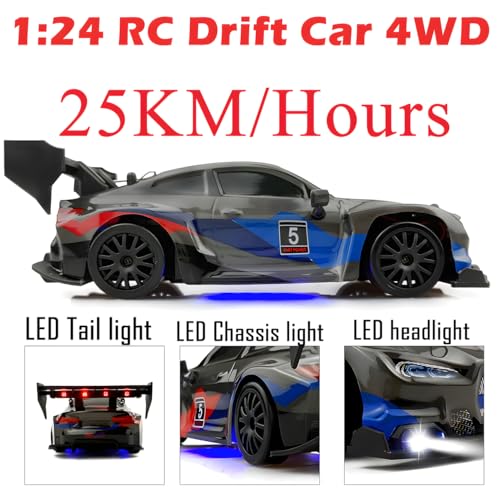 HTURCCOP RC Drift Car 2.4GHz 1:24 Scale 4WD 25KM+/H High Speed Model Vehicle with LED Lights Drifting Tire Racing Sport Toy Car for Adults Boys Girls Kids Gift (Black) - color: Black