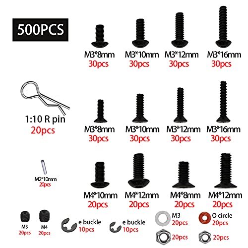 500Pcs Universal RC Screws Kit Repair Tool M3 M4 Screw E Buckle & 4Pcs Hex Nut Key Socket Screw Driver Compatible with HSP Axial SCX10 Traxxas Arrma Losi 1/8 1/10 1/12 RC Cars Trucks Crawler