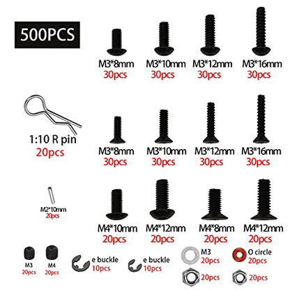 500Pcs Universal RC Screws Kit Repair Tool M3 M4 Screw E Buckle Hardware Fasteners Compatible with HSP Axial SCX10 Traxxas Arrma Losi 1/8 1/10 1/12 RC Cars Trucks Crawler