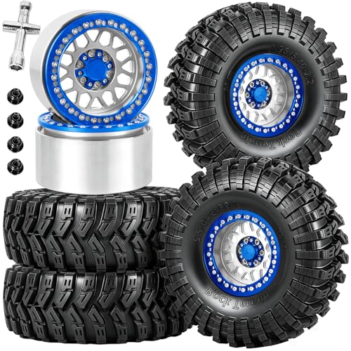 RC 2.2" Beadlock Wheels Tires Set（4PCS for 1/10 SCX10 I II 90046 AXI03007 TRX4 TRX6 VS4-10 D90 Gen7 Gen8 MST CFX RC Crawler Car,2.2 Beadlock Wheels and Tires,Aluminium Wheel Rims,Silver - color: Silver- (Rc Wheels Tires)