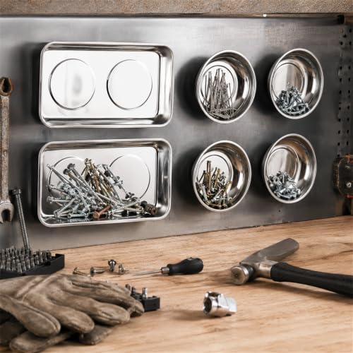 Okllen 6 Pcs Magnetic Parts Tray Set, Stainless Steel Heavy Duty 9.5"W x 5.5''L Square and 4 1/4" Round Extra Strong Magnetic Tool Trays Holder for Socket Screw Nuts Bolts Metal Parts