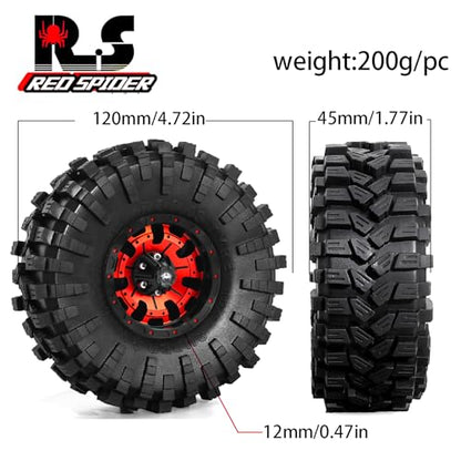 REDSPIDER Aluminum 1.9 Beadlock Wheels and Tires Set（4PCS）1.9 Wheels All Terrain Tires OD 4.72''.for 1/10 Scale Rock Crawler Car Axial SCX10 SCX10 II III 90047 D90 TF2 Tamiya CC01 TRX4 TRX6 (Red) - color: Red