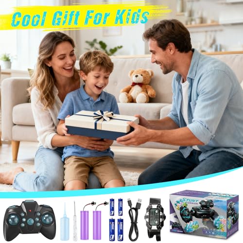 Gesture Sensing Remote Control Car, RC Cars Toys for Boys Age 6-12, 4WD Hand Controlled Twist & Transform 360° Spins Stunt Car with Mist, Light & Music, 8-10 Year Old Boys Birthday Gift Blue - color: Blue