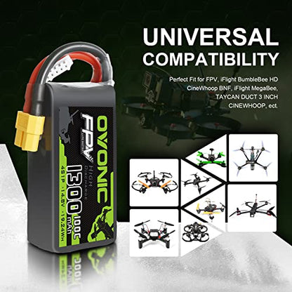 OVONIC 4s Lipo Battery 100C 1300mAh 14.8V Lipo Battery with XT60 Connector for RC FPV Racing Drone Quadcopter (Pack of 2) - size: 1pcs (Pack of 2)