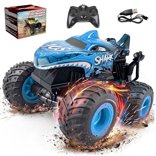 BEZGAR Monster Truck Toys, Remote Control Monster Truck with Dancing Spins, Lights & Music, 1:20 Remote Control Car for Boys 4-7, 5 6 7 8 9 10 +Year Old Boys Birthday Gifts (Blue) - style: Blue Shark
