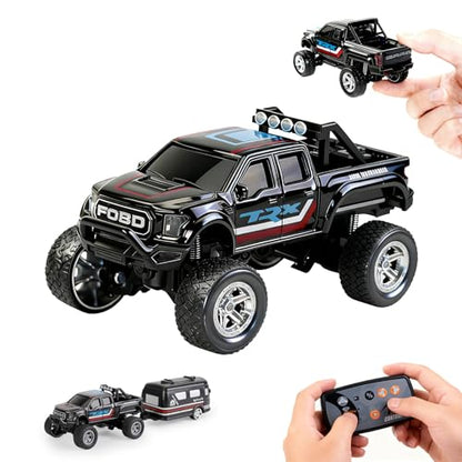 Mini RC Truck, 1/64 Scale Alloy Monster Truck Remote Control Car | 2.4GHz Control, LED Lights, 3-Speed Settings, Cruise Control,Adjustable Steering, Indoor Outdoor Toy for Kids Adults - color: Black