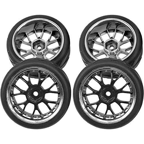 4Pcs HIRCQOO OD 2.55" 1/10 On Road Rubber Tires & 12mm Hex Hub Plastic Wheel Rims Compatible with Traxxas HSP Tamiya HPI Kyosho Redcat 1/10 On-Road Touring Car