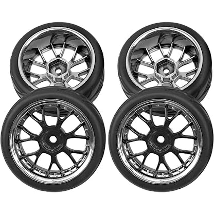 4Pcs HIRCQOO OD 2.55" 1/10 On Road Rubber Tires & 12mm Hex Hub Plastic Wheel Rims Compatible with Traxxas HSP Tamiya HPI Kyosho Redcat 1/10 On-Road Touring Car