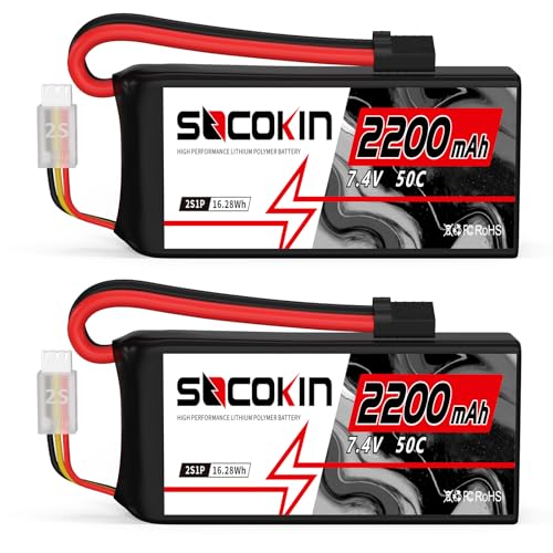 2S Lipo Battery 7.4V 50C 2200mAh Lipo Battery with TR Connector Plug Soft Shorty Case for RC Car Truck Boat Truggy FPV Drone Quadcopter UAV Airplane Helicopter (2 Pack)