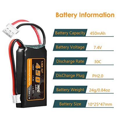 7.4V Lipo Battery 450mAh 2S 30C Rechargeable Lipo Battery with PH2.0 Plug SCX24 Small Lipo Battery Fit for Most 1/10, 1/16, 1/18, 1/24 Scale RC Cars Trucks with 1to2 USB Charger
