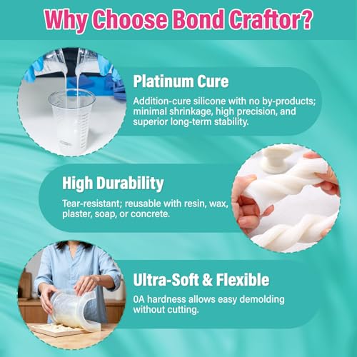 Bond Craftor Silicone Mold Making Kit 0A, Elastic Molding Silicone 16oz | Extra Soft & High Tear Strength, Ideal for 3D Resin Silicone Molds, Candle Molds, Soap Molds, Resin Molds - size: 16oz