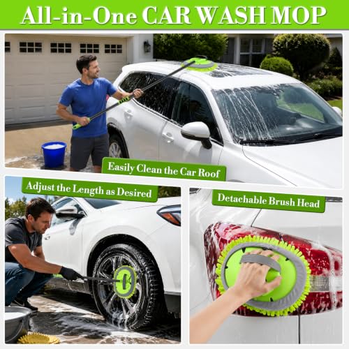 62'' Car Wash Brush Kit with Long Handle, Microfiber Car Wash Mop Mitt Scratch-Free Car Detailing Care Kit Car Cleaning Brush Supplies for Cars RV SUV Truck Boat