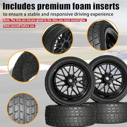 OD 2.65" On Road Rubber Tires Nylon Wheels- 12mm Hex for 1/10 RC Racing Car | Compatible with MJX HSP Tamiya HPI Kyosho Traxxas Sakura Redcat WLtoys 1/10 RC On-Road Racing Touring Car (4pcs, Black) - style: C-Black