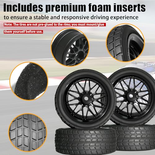OD 2.65" On Road Rubber Tires Nylon Wheels- 12mm Hex for 1/10 RC Racing Car | Compatible with MJX HSP Tamiya HPI Kyosho Traxxas Sakura Redcat WLtoys 1/10 RC On-Road Racing Touring Car (4pcs, Black) - style: C-Black