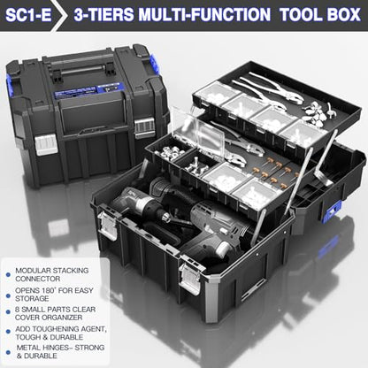 5 Tier Stackable Tool Box with Wheels,Rolling Tool Box with Drawers,Modular Tools Organizer,Portable Tool Box with Transparent Parts Box,Large Capacity Toolbox,for Garage Storage,Home and Repair Shop