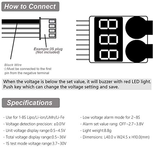 5Packs 2in1 1-8s Lipo Li-ion Battery Voltage Tester Check, Monitor RC Low-Voltage Buzzer Alarm for 1-8s Lipo/Li-ion/LiMn/Li-Fe