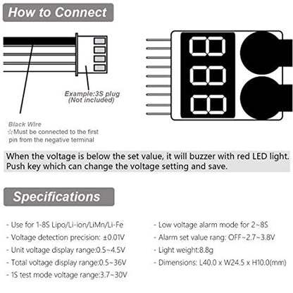 5Packs 2in1 1-8s Lipo Li-ion Battery Voltage Tester Check, Monitor RC Low-Voltage Buzzer Alarm for 1-8s Lipo/Li-ion/LiMn/Li-Fe