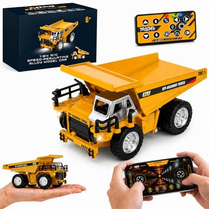 1/64 Mini RC Dump Truck with APP & 2.4GHz Remote Control, Alloy Metal Construction Vehicle Toy, Rechargeable Dump Truck with Lights & Sound, Gift for Boys Girls Adults - style: RC Dump Truck