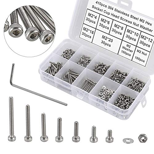 410Pcs Tiny Hex Socket Head Cap Screws Bolts, 304 Stainless Steel M2 x 4/6/8/10/12/16/20mm, Micro Allen Head Machine Screws, Nuts and Washers Kit with Hex Wrench, Fully Threaded Pitch: 0.4mm - color: Silver-410Pcs M2 Socket Cap Head Screw-304