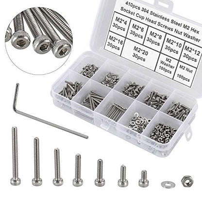 410Pcs Tiny Hex Socket Head Cap Screws Bolts, 304 Stainless Steel M2 x 4/6/8/10/12/16/20mm, Micro Allen Head Machine Screws, Nuts and Washers Kit with Hex Wrench, Fully Threaded Pitch: 0.4mm - color: Silver-410Pcs M2 Socket Cap Head Screw-304