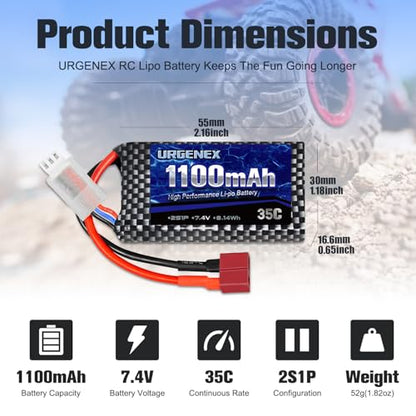 Lipo Battery 7.4V 1100mAh 35C(Burst 70C) Dean-Style T Plug 2S Rechargeable RC Battery Fit for HAIBOXING BEZGAR Truck HBX 16889 16890A 18690SA 3100A HS181 HM181 HM165 Most 1/10 1/16 1/18 RC Car