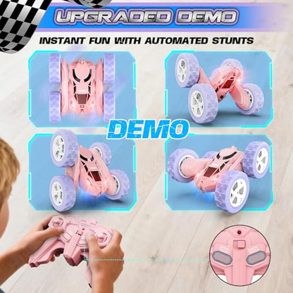 cosone Pink Purple RC Stunt Car for Kids | 360° Rotating Tricks, Double-Sided Driving, LED Lights, USB-C Rechargeable Battery, One-Click Demo - color: Purple&pink Pro