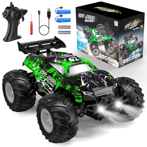 All-Terrain Remote Control Car for Boys Christmas Rechargeable Green | Monster Rc Truck with LED, 1:20 10KM/H, 2 Motors, 2.4GHZ, Speed Friendly, Sturdy Rc Cars for Christmas Kids 6+, Beginner - color: Green