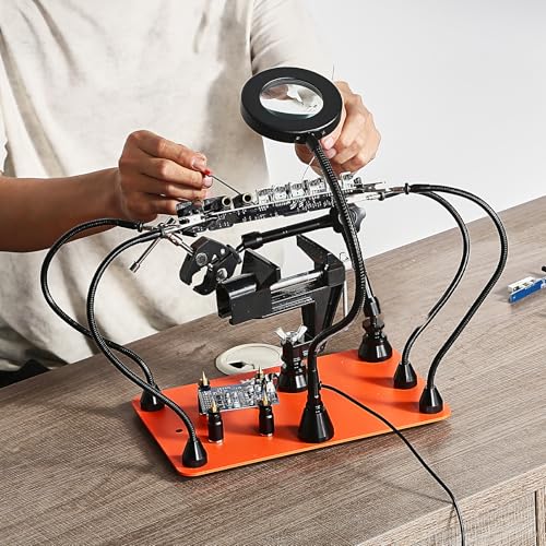 VEVOR Magnetic Helping Hands Soldering Station, 4 Arms Third Hand Tool, with Vise, 3X LED Magnifying Lamp, 4 PCB Holder & 360 Hot Air Gun Holder, Soldering Helper for Electronic Repair Craft Hobby DIY - style: with Heat Gun Holder and Vise