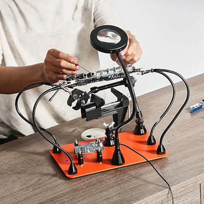 VEVOR Magnetic Helping Hands Soldering Station, 4 Arms Third Hand Tool, with Vise, 3X LED Magnifying Lamp, 4 PCB Holder & 360 Hot Air Gun Holder, Soldering Helper for Electronic Repair Craft Hobby DIY - style: with Heat Gun Holder and Vise